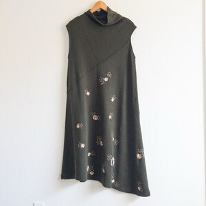 Forest Green Asymmetrical Knit Dress Gold Floral Embroidery Size M/L Fairycore